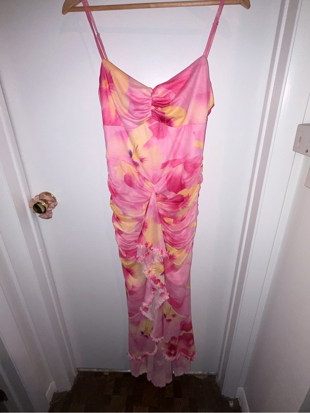 Pink Floral Ruched Slip Dress